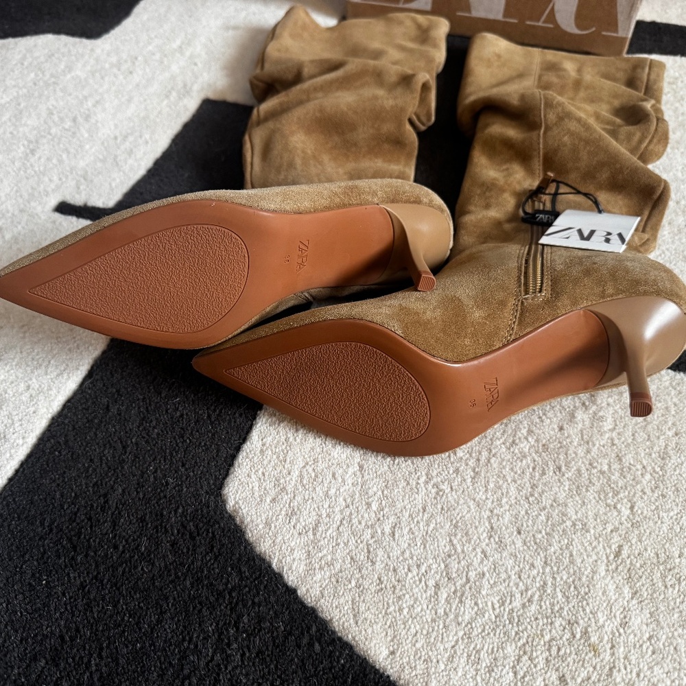 ZARA Leather Suede Heeled Ruched Boots - sandy brown - Picture 3 of 4